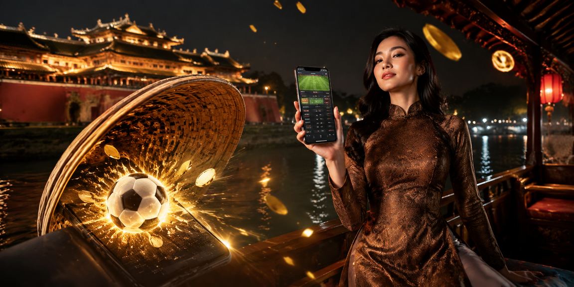 Người dùng Huế dùng điện thoại chơi casino mobile bên chiếc nón lá truyền thống