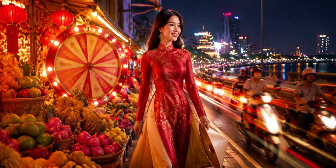 Không khí chợ đêm vùng sông Mê Kông với trò chơi may mắn và ánh đèn lễ hội rực rỡ