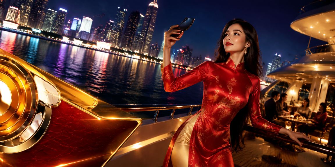 Nữ người dùng trong trang phục áo dài tại Quy Nhơn đang nhận thưởng nạp tiền trên điện thoại